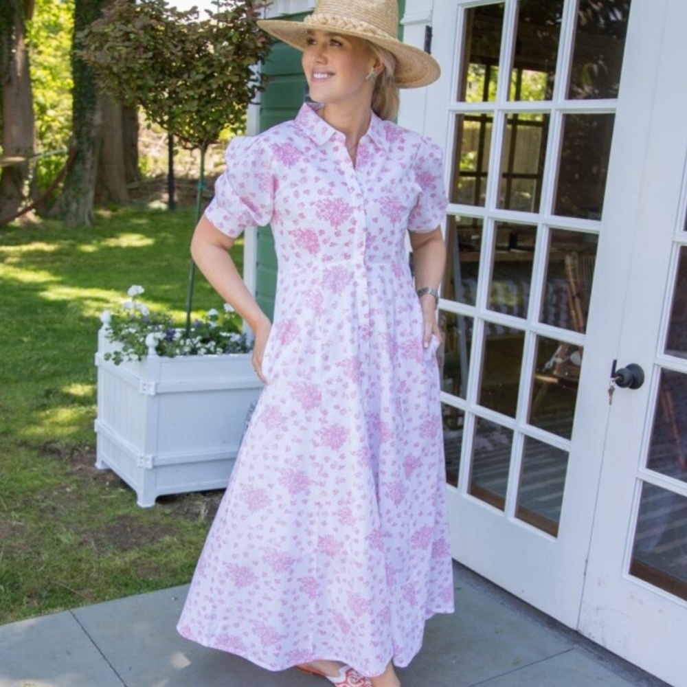 India Julia Amory Shirt Dress Womens Medium Pink Dahlia White Puff Sleeve Dress